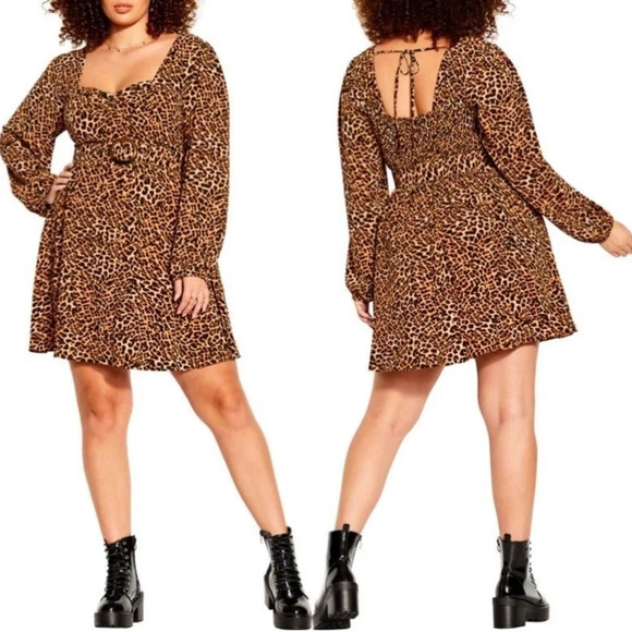 NEW CCX CITY CHIC ANIMAL MADNESS TIE NECK MINI DRESS LEOPARD PLUS SIZE SIZE 16 - Picture 1 of 13